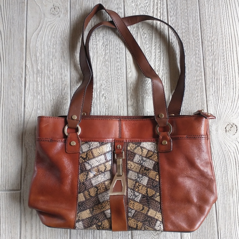 Etienne Aigner Shoulder Bag Purse Brown Leather Snake Print Front